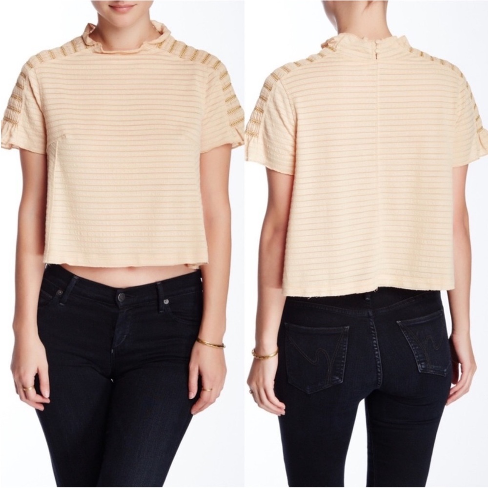 Free People Sweetie Smocked Mock Nexk Ribbed Crop Top With Distressed Hem Size M